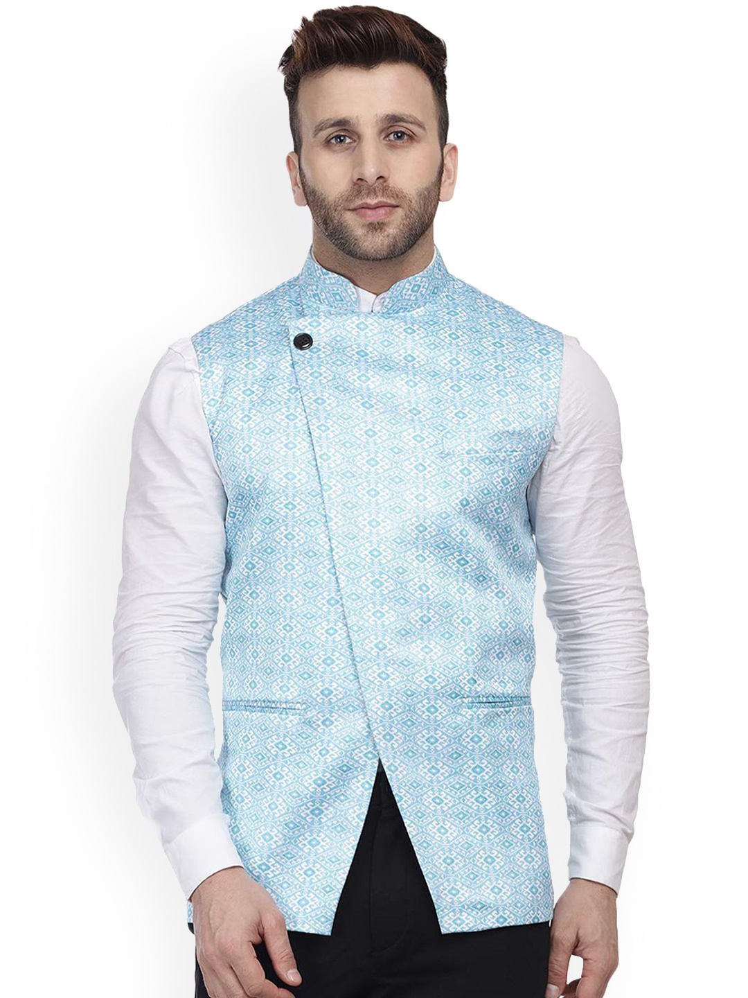 

VEERA PARIDHAAN Satin Printed Chinese Collar Nehru Jacket, Blue