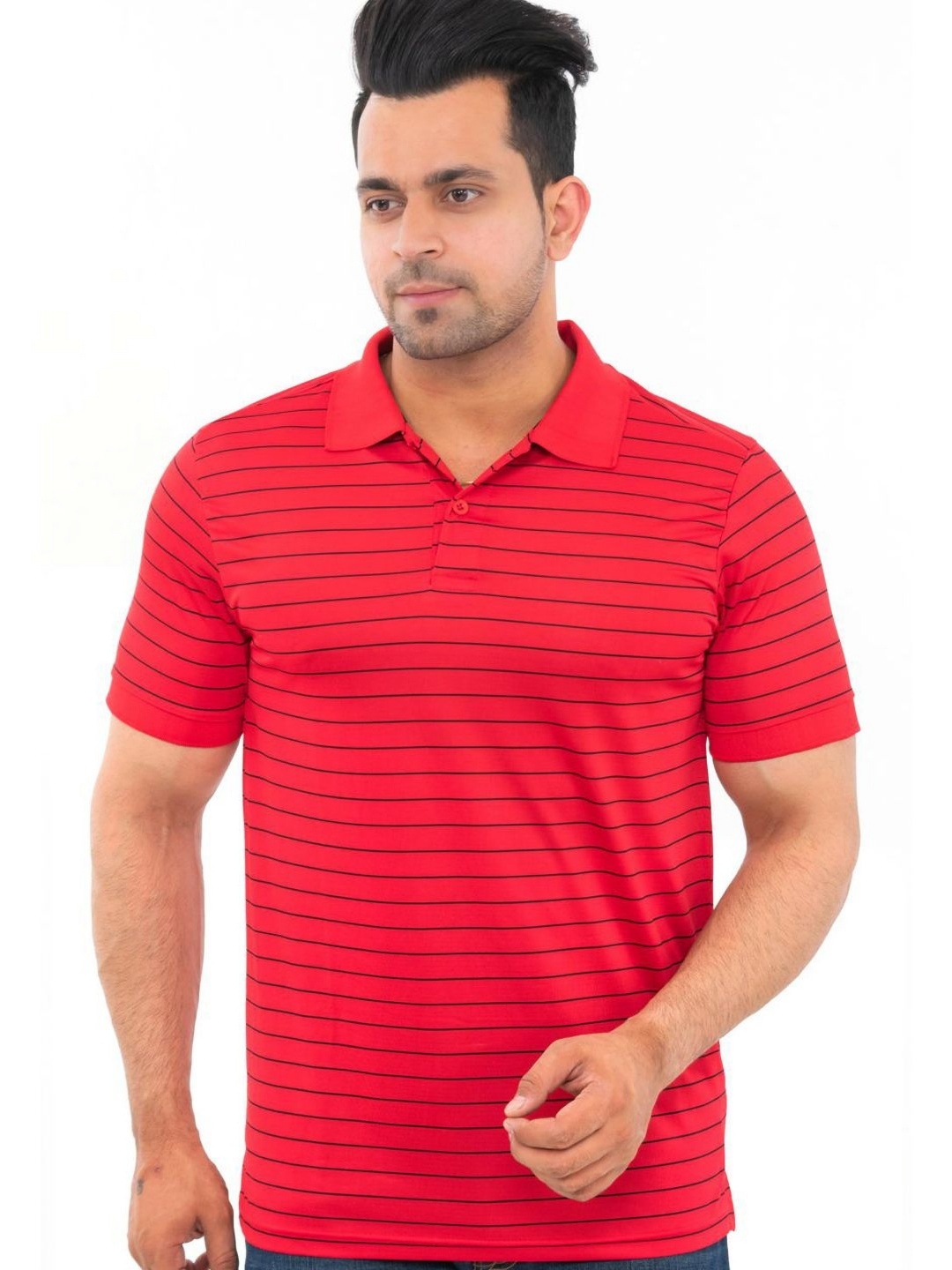

Bishop Cotton Men Striped Polo Collar T-shirt, Red
