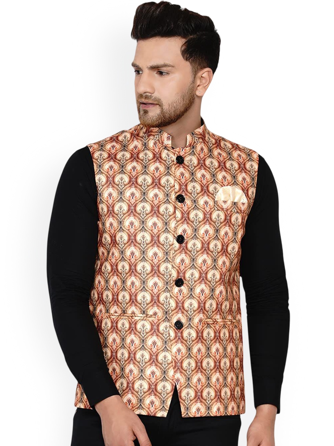 

VEERA PARIDHAAN Printed Cotton Nehru Jacket, Beige