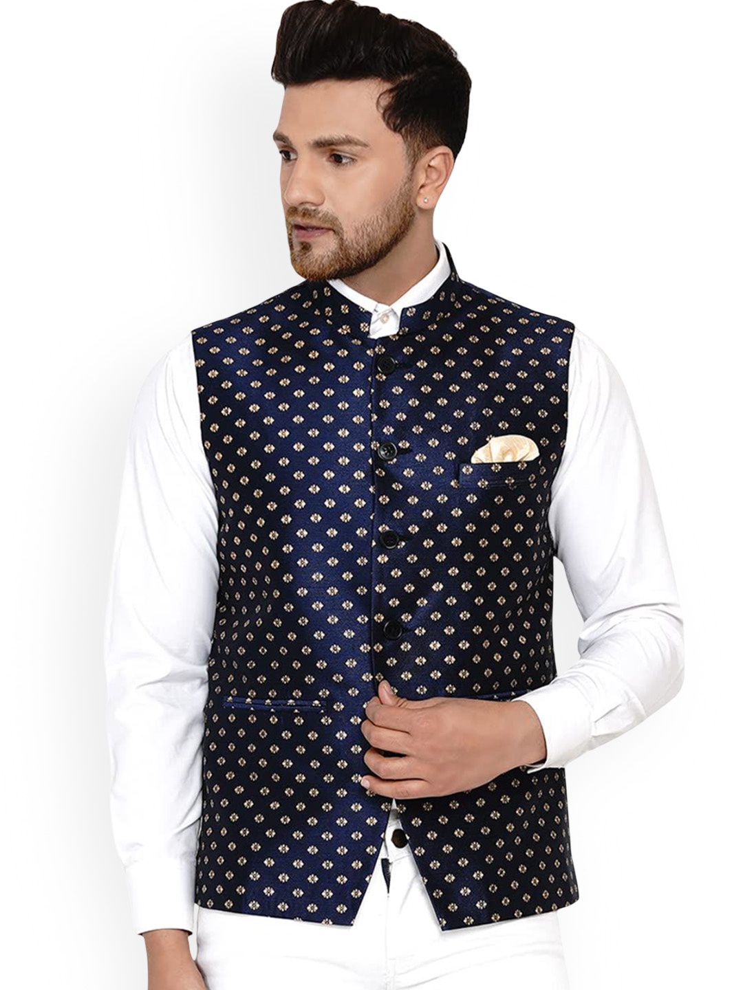 

VEERA PARIDHAAN Banarasi Printed Mandarin Collar Nehru Jacket, Blue