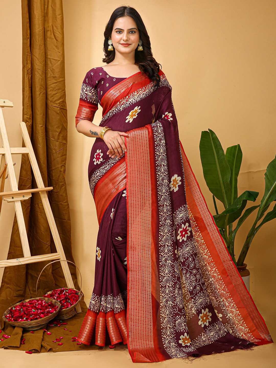 

HERE&NOW Floral Zari Silk Cotton Banarasi Saree, Maroon