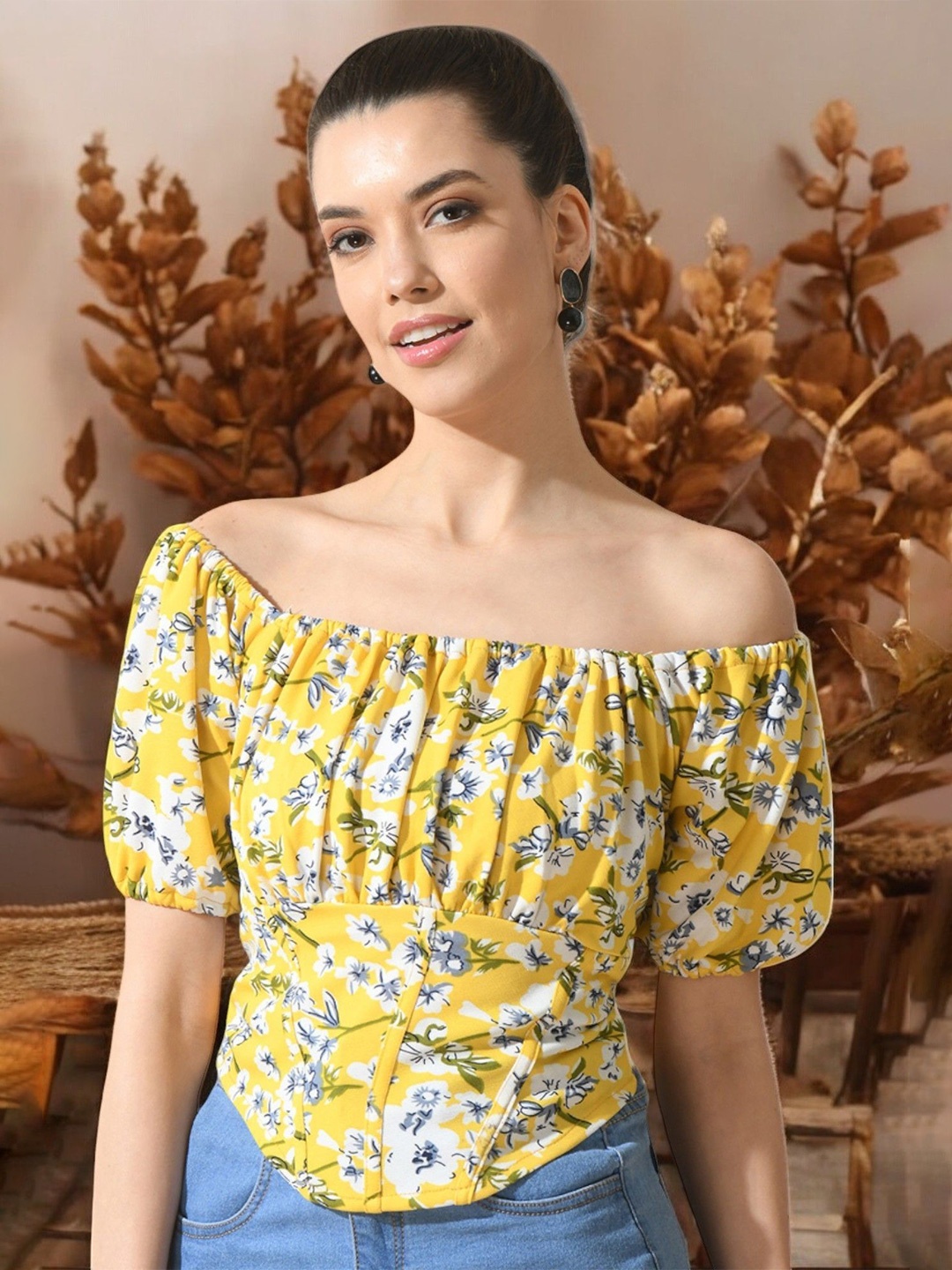 

IUGA Off-Shoulder Puff Sleeve Bardot Crop Top, Yellow