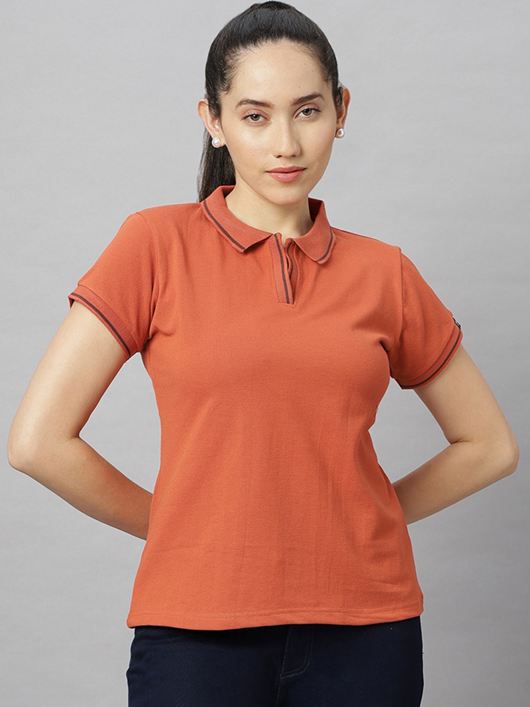 

Wear Your Opinion Women Solid Polo Collar T-shirt, Rust