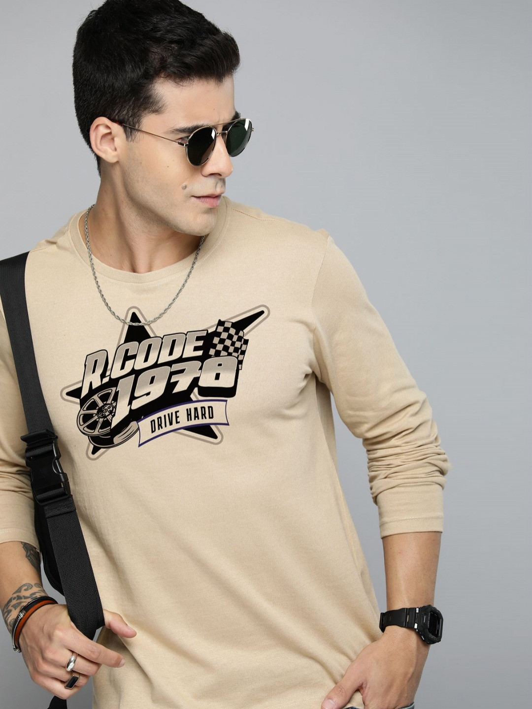 

R.Code by The Roadster Life Co. Men Printed T-shirt, Beige