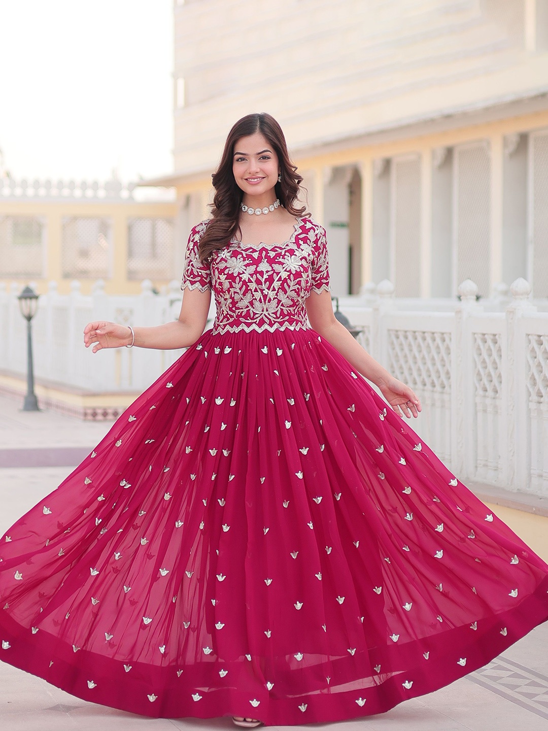 

Anara Women Floral Embroidered Sequinned Georgette Anarkali Kurta, Pink