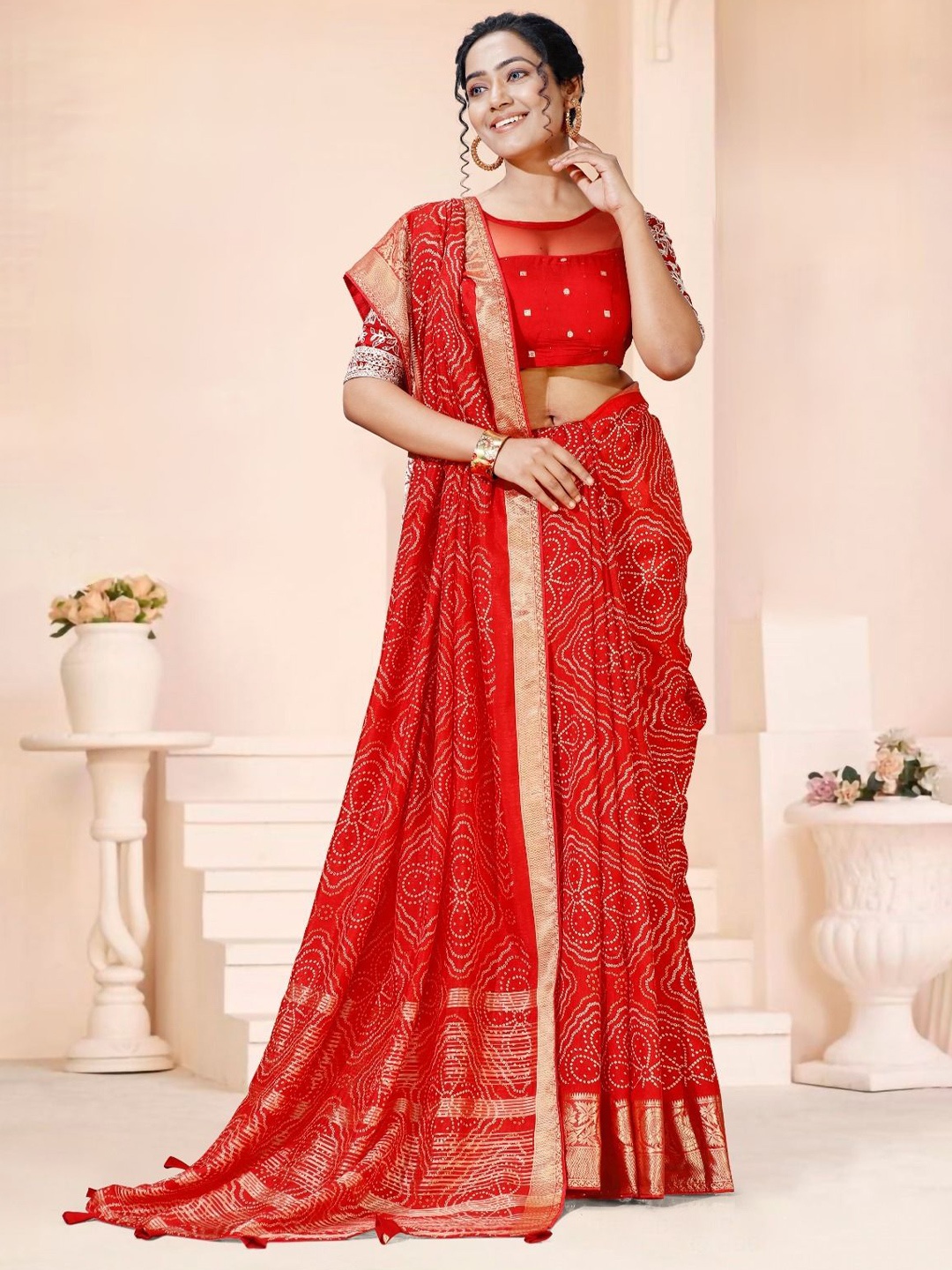 

Swaranjali Bandhani Silk Cotton Bandhani Saree, Red