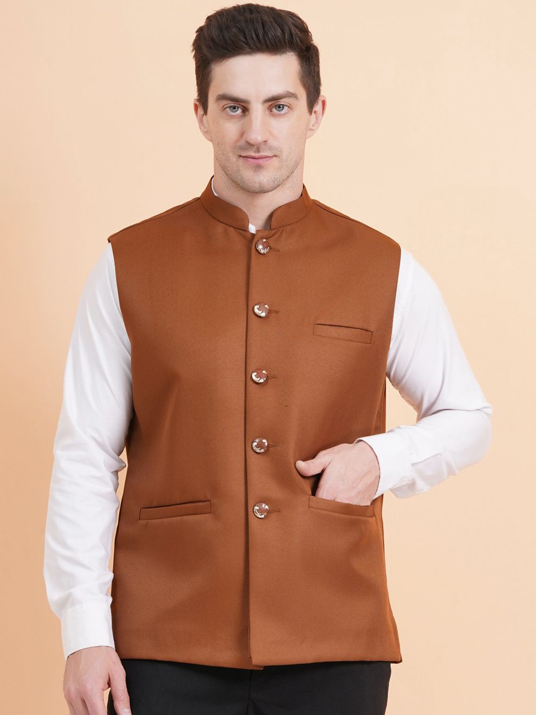 

SG LEMAN Mandarin Collar Nehru Jacket, Rust