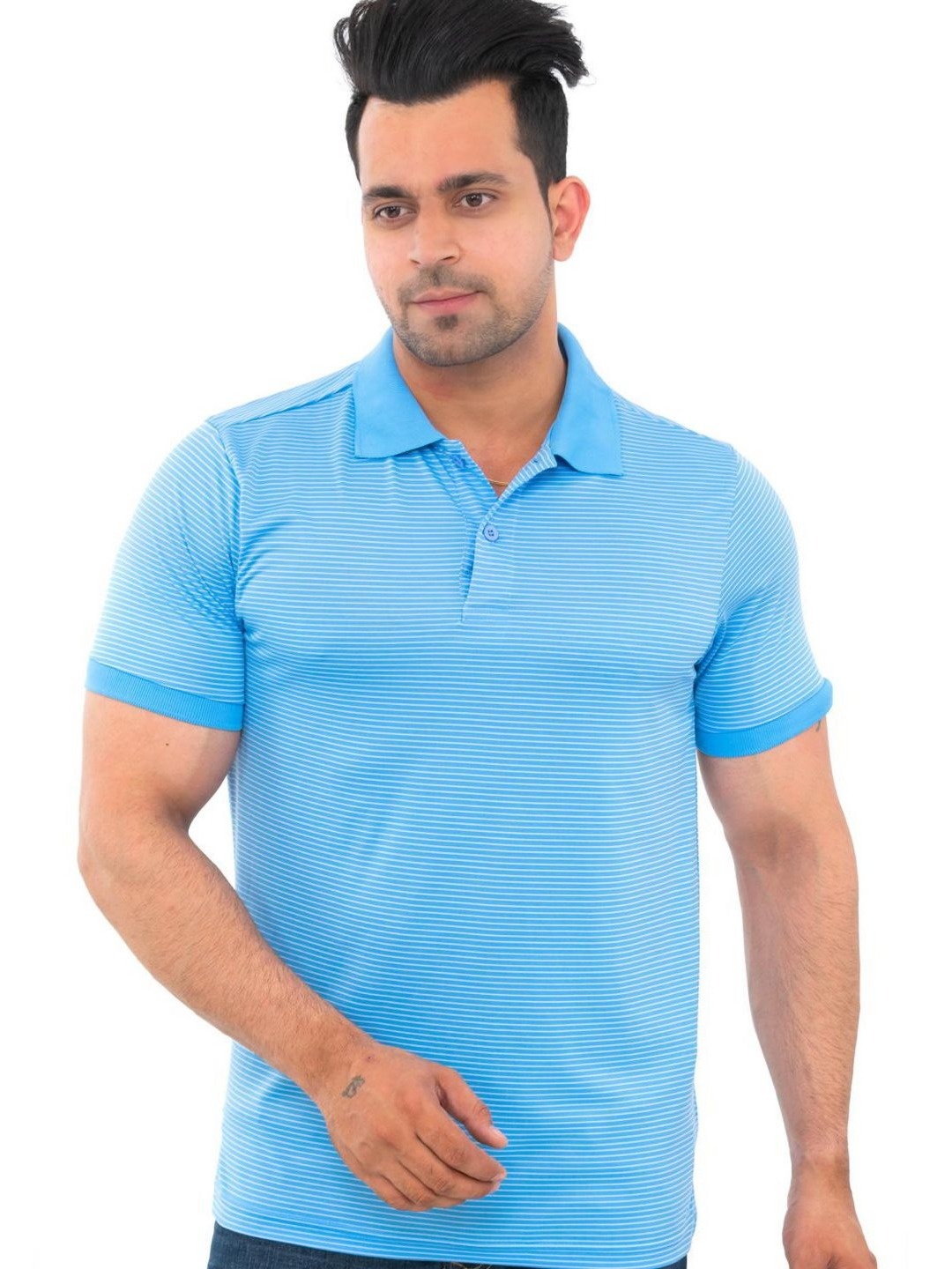 

Bishop Cotton Men Striped Polo Collar Pockets T-shirt, Blue