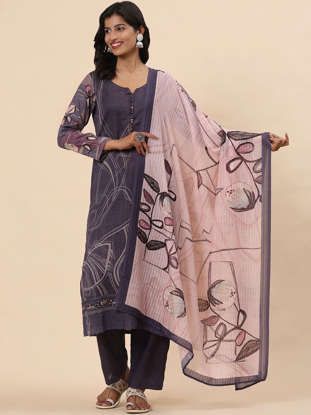 

Mamicha Women Printed Regular Pure Cotton Kurta with Trousers & With Dupatta, Purple