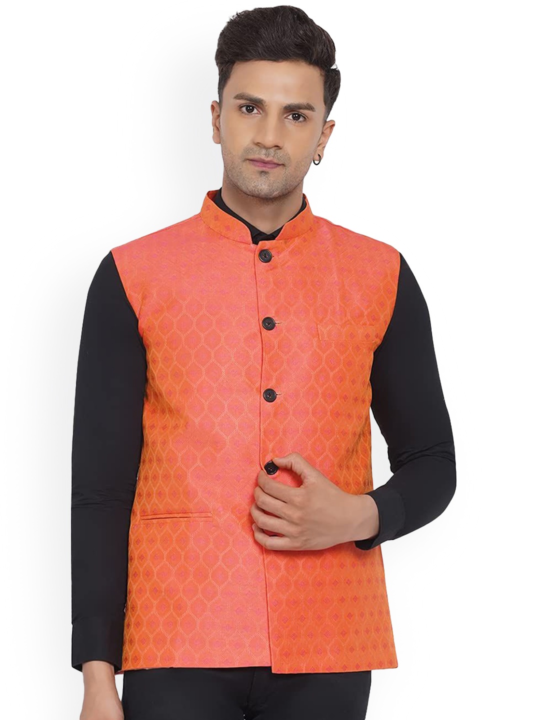 

VEERA PARIDHAAN Printed Cotton Nehru Jacket, Orange
