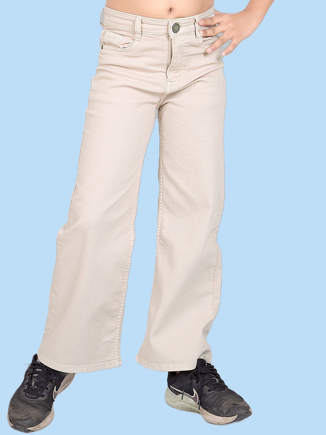

ADBUCKS Girls Wide Leg High-Rise Stretchable Jeans, Beige