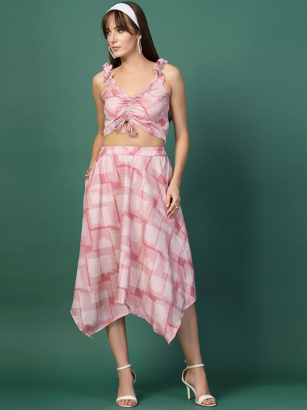 

DressBerry Printed Shoulder Strap Neck Top With Skirt Co-Ords, Pink