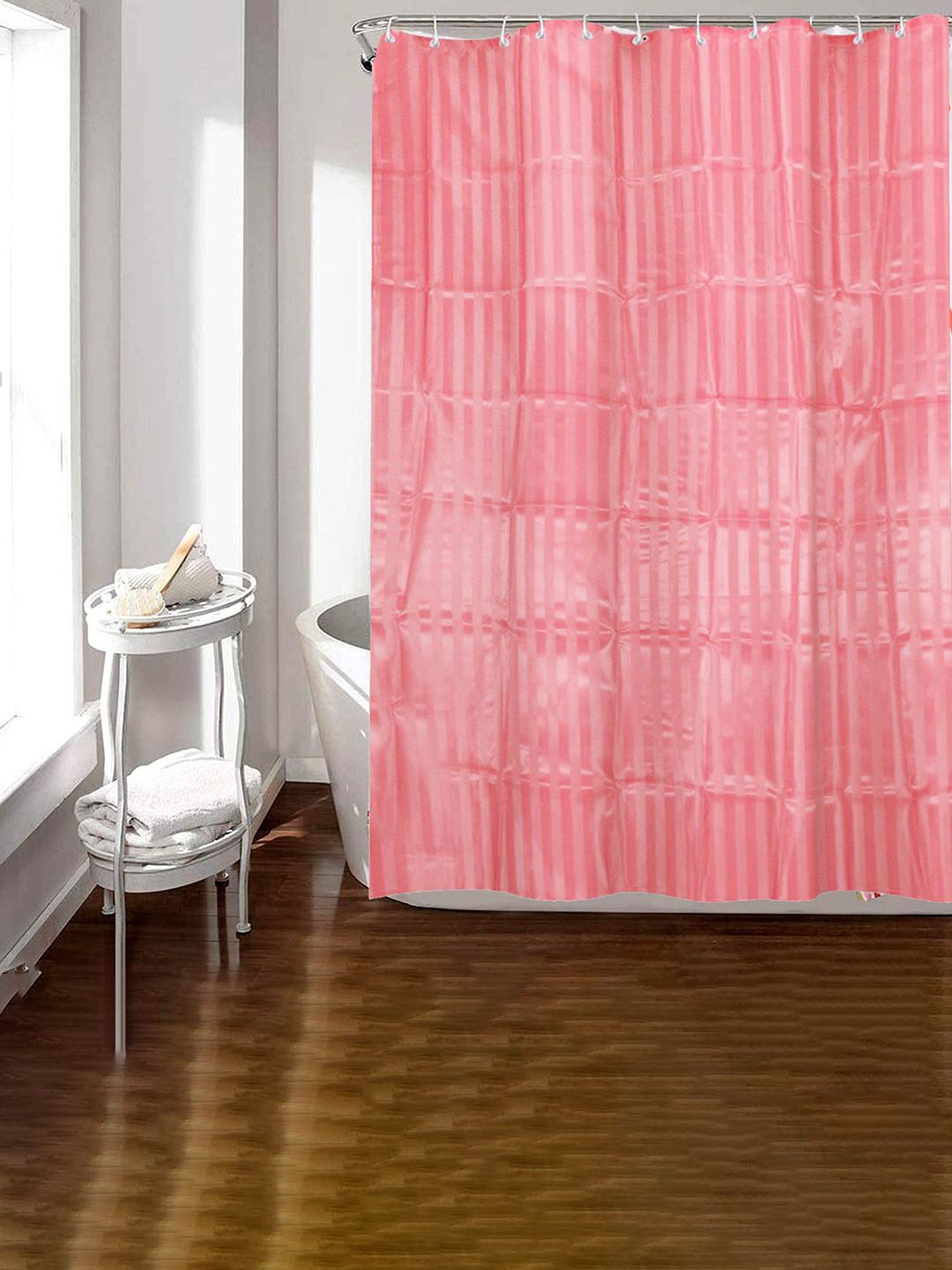 

Kuber Industries Pink Striped Shower Curtains