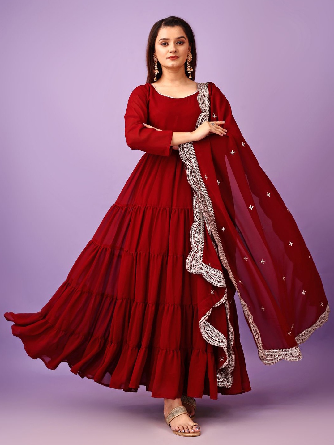 

Anara Tiered Kurta with Trousers & With Dupatta, Maroon