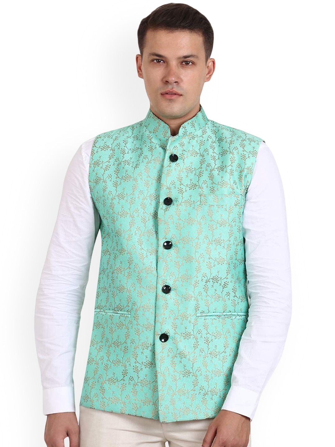 

VEERA PARIDHAAN Printed Banarasi Chinese Collar Nehru Jackets, Green