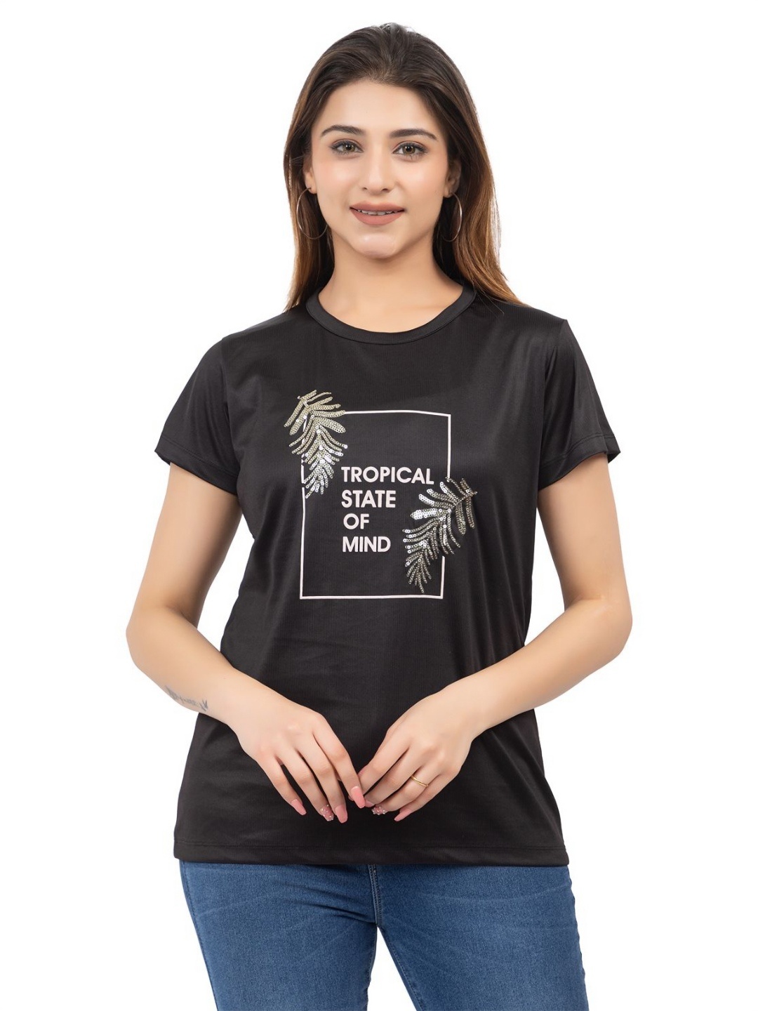 

Lady Leaf Women Printed Applique T-shirt, Black