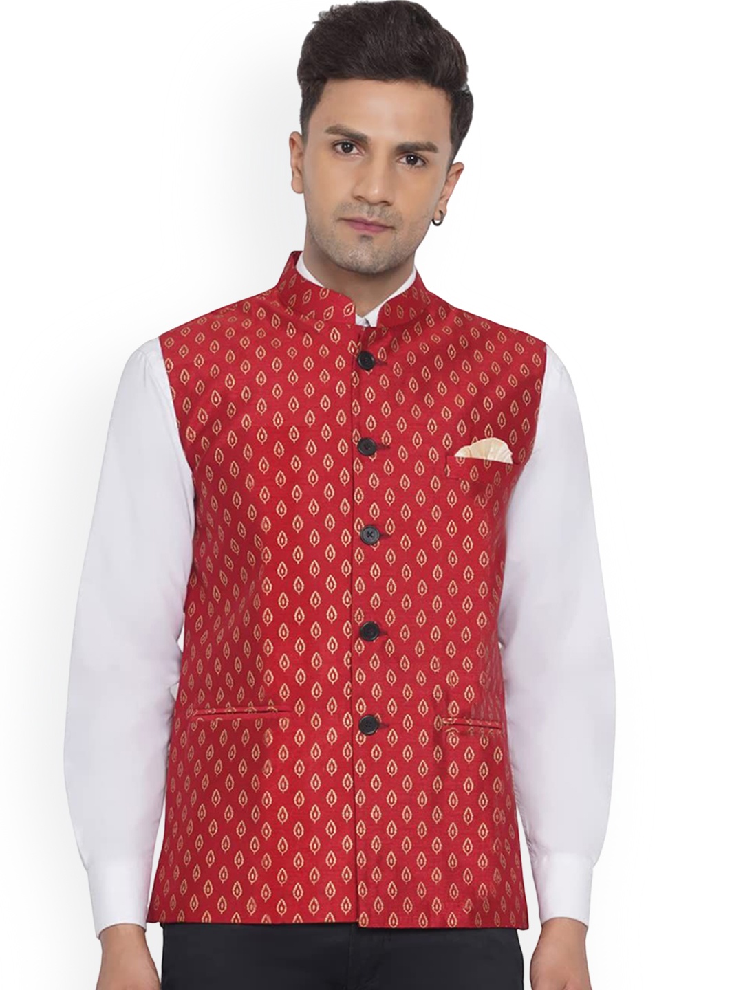 

VEERA PARIDHAAN Printed Banarasi Nehru Jacket, Red