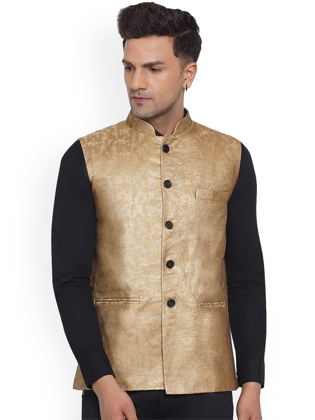 

VEERA PARIDHAAN Banarasi Printed Mandarin Collar Nehru Jacket, Gold