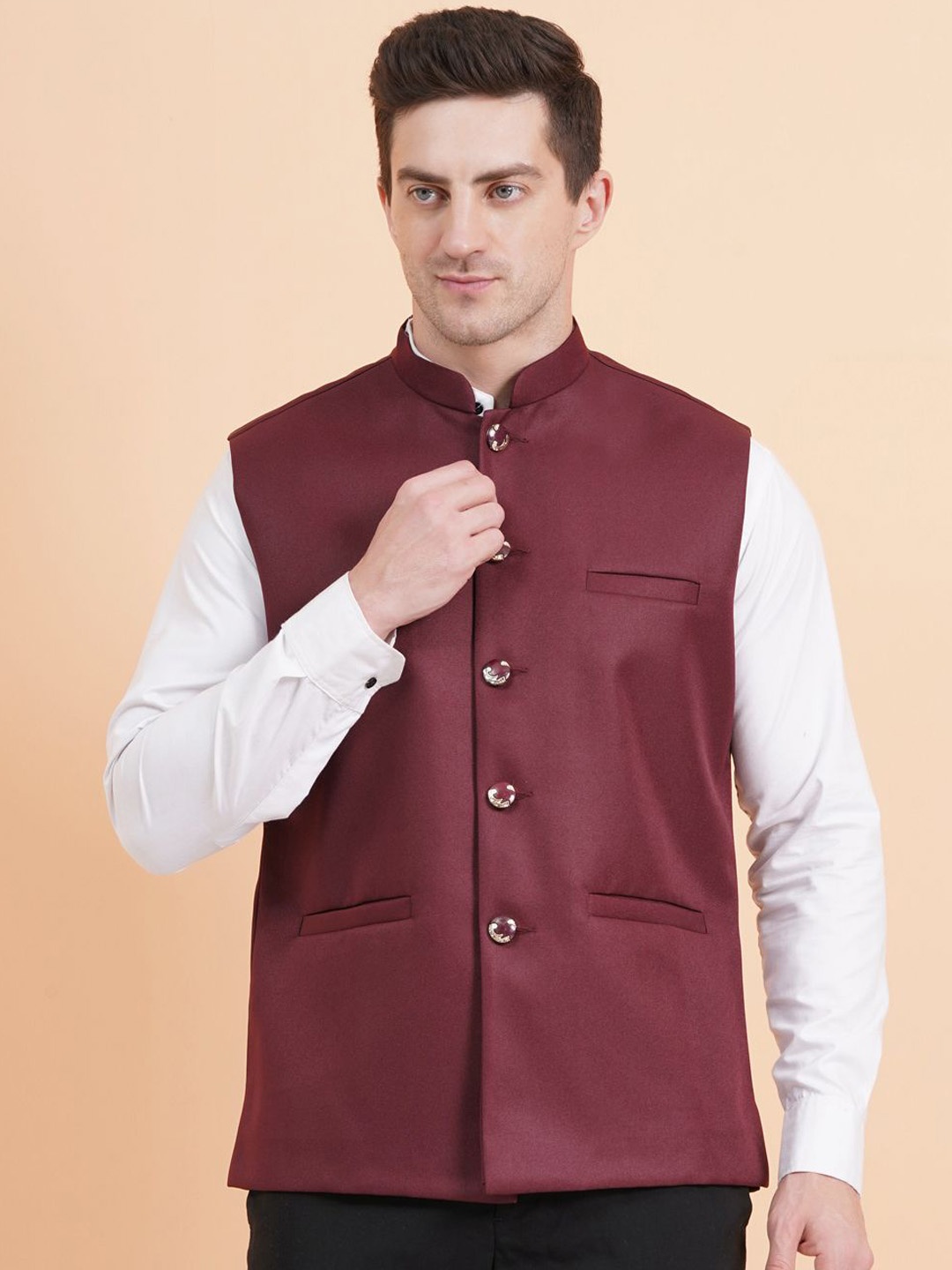 

SG LEMAN Mandarin Collar Nehru Jacket, Maroon