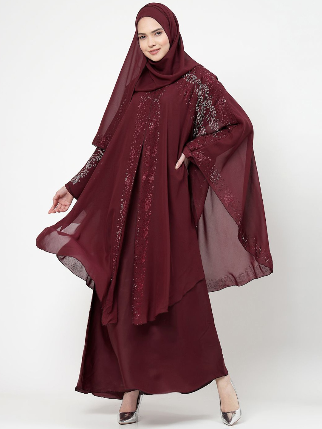 

Arrabi Embellished Detail Round Neck Indian Ethnic Burqa With Scarf, Maroon