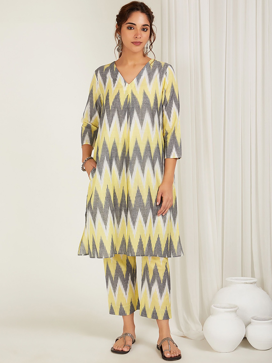 

CYAN Ikat Printed Cotton Tunic With Trousers Co-Ords, Yellow