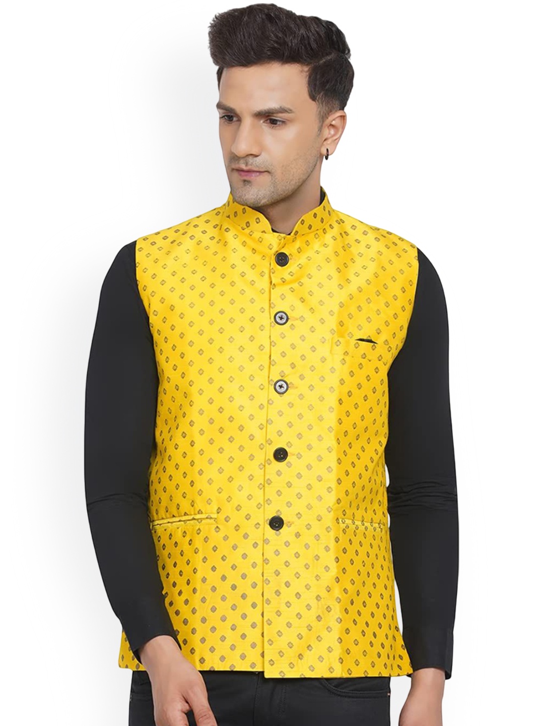 

VEERA PARIDHAAN Printed BrocadeNehru Jacket, Yellow
