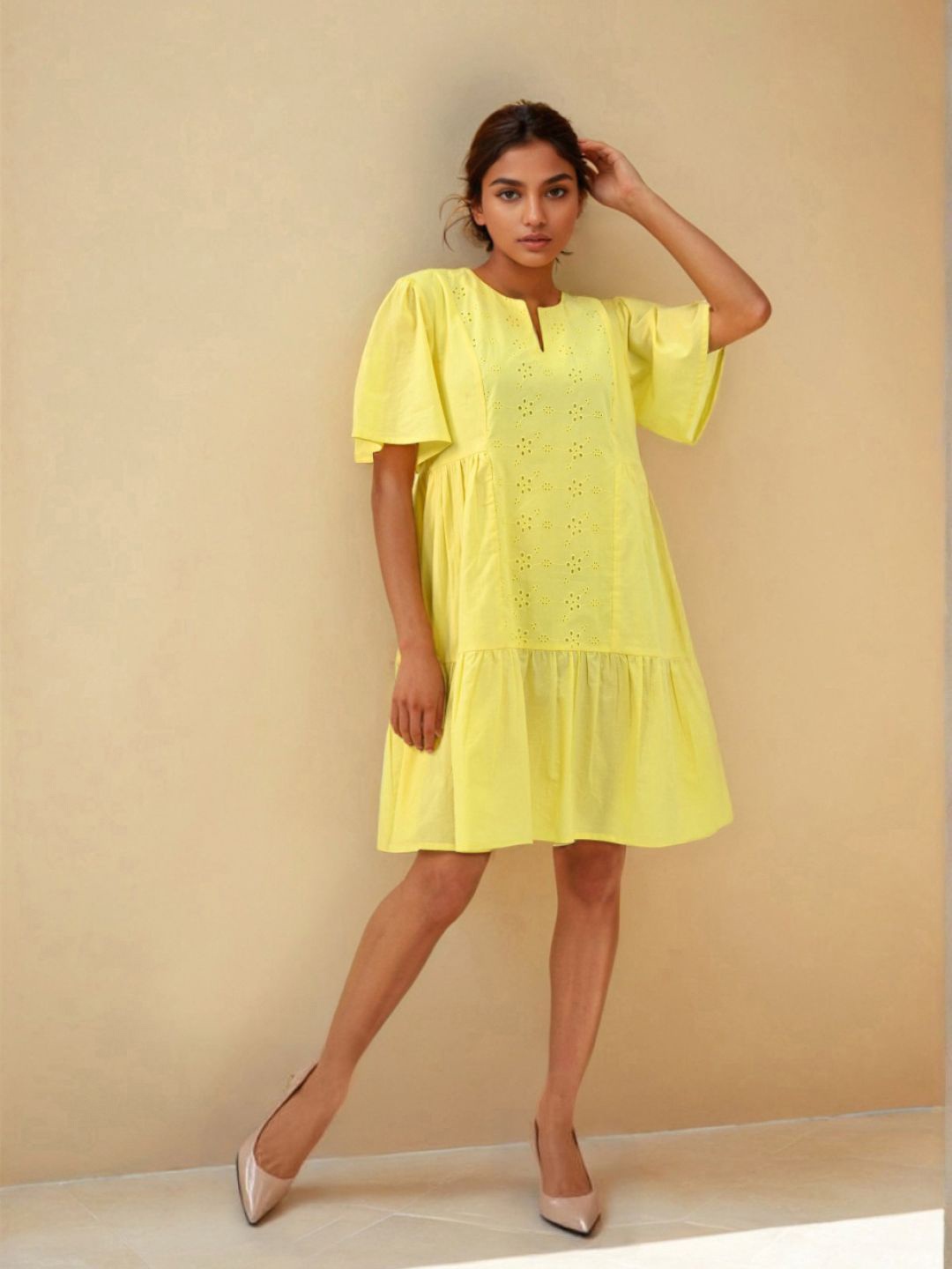 

Zolo Label Embroidered Bell Sleeve A-Line Mini Dress, Yellow