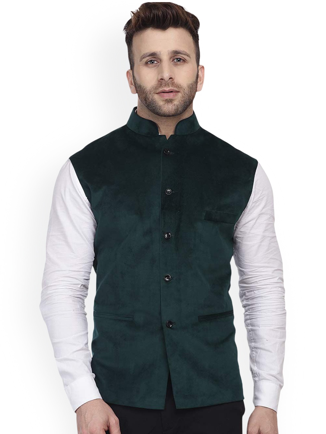 

VEERA PARIDHAAN Chinese Collar Nehru Jackets, Green