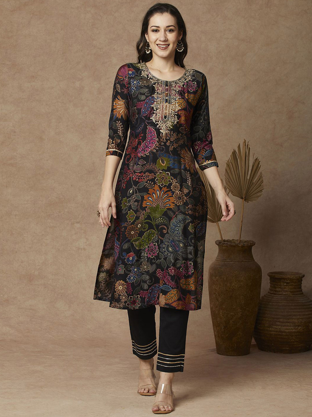 

FASHOR Women Printed Kurta, Black