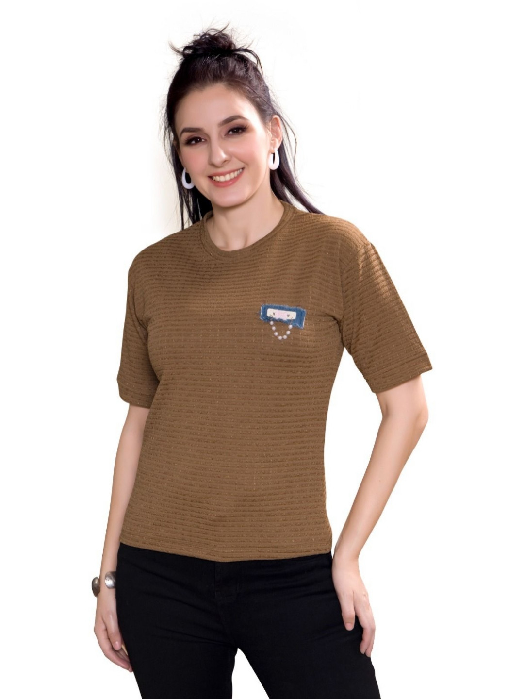

BAESD Women Applique T-shirt, Brown