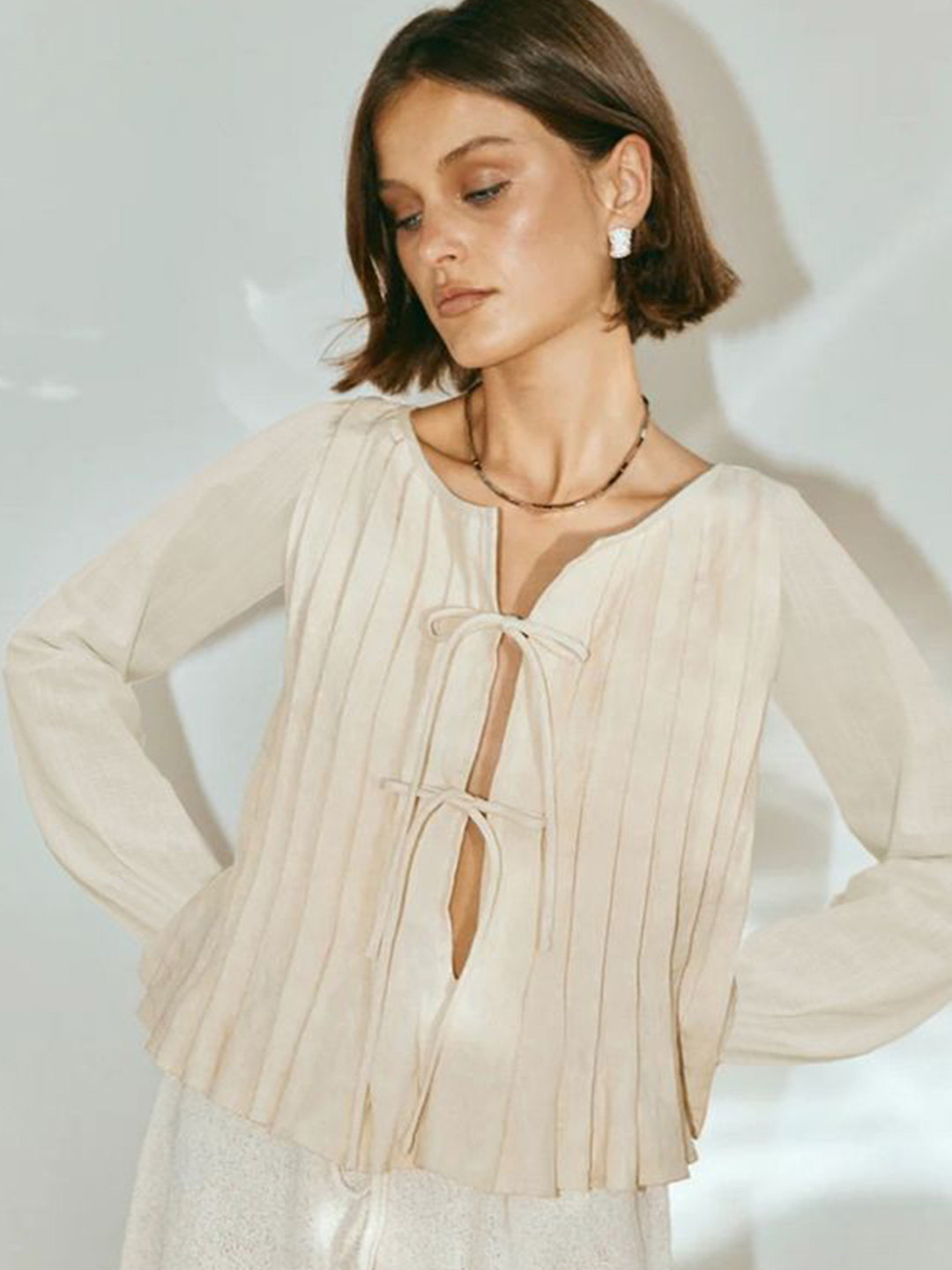 

LULU & SKY Tie-Up Neck Cotton Top, Beige