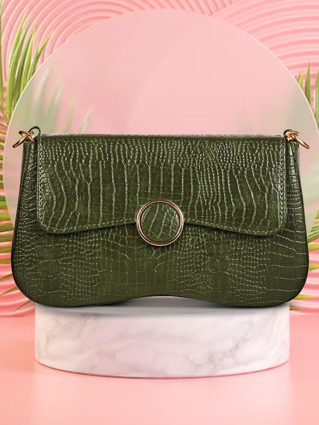 

Panchnaina Textured PU Structured Sling Bag With Golden Chain Strap, Green