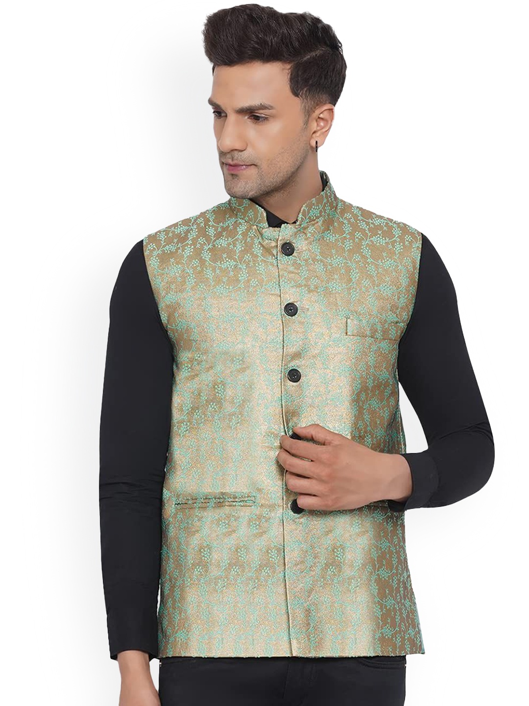 

VEERA PARIDHAAN Banarasi Mandarin Collar Nehru Jacket, Green