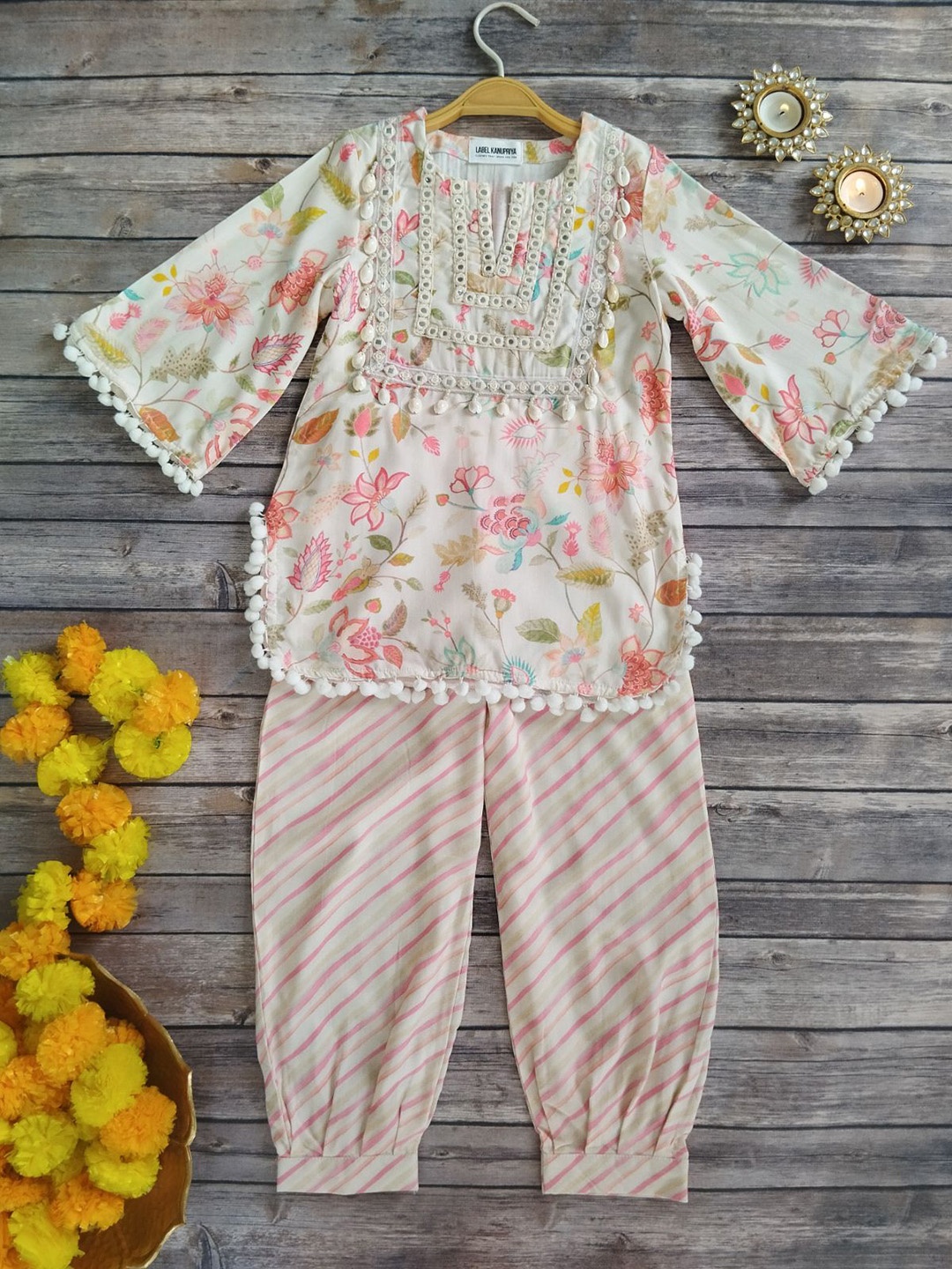 

LABEL KANUPRIYA Girls Floral Yoke Design Regular Mirror Work Kurta with Salwar, Off white