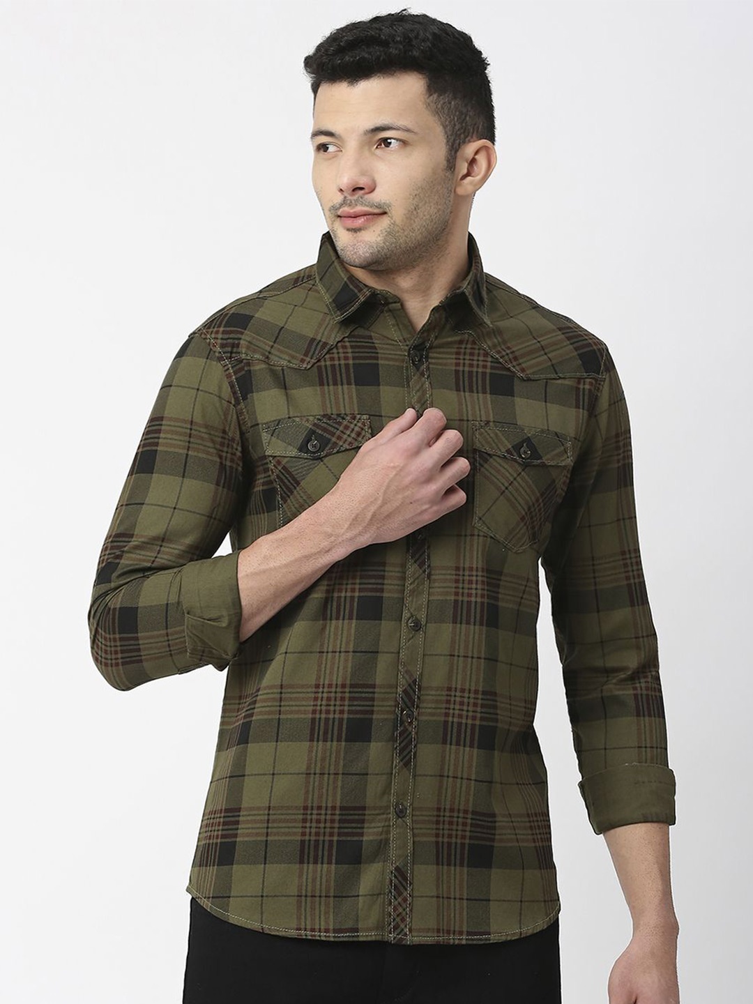 

SNX Men Tailored Fit Tartan Checks Opaque Checked Casual Shirt, Green
