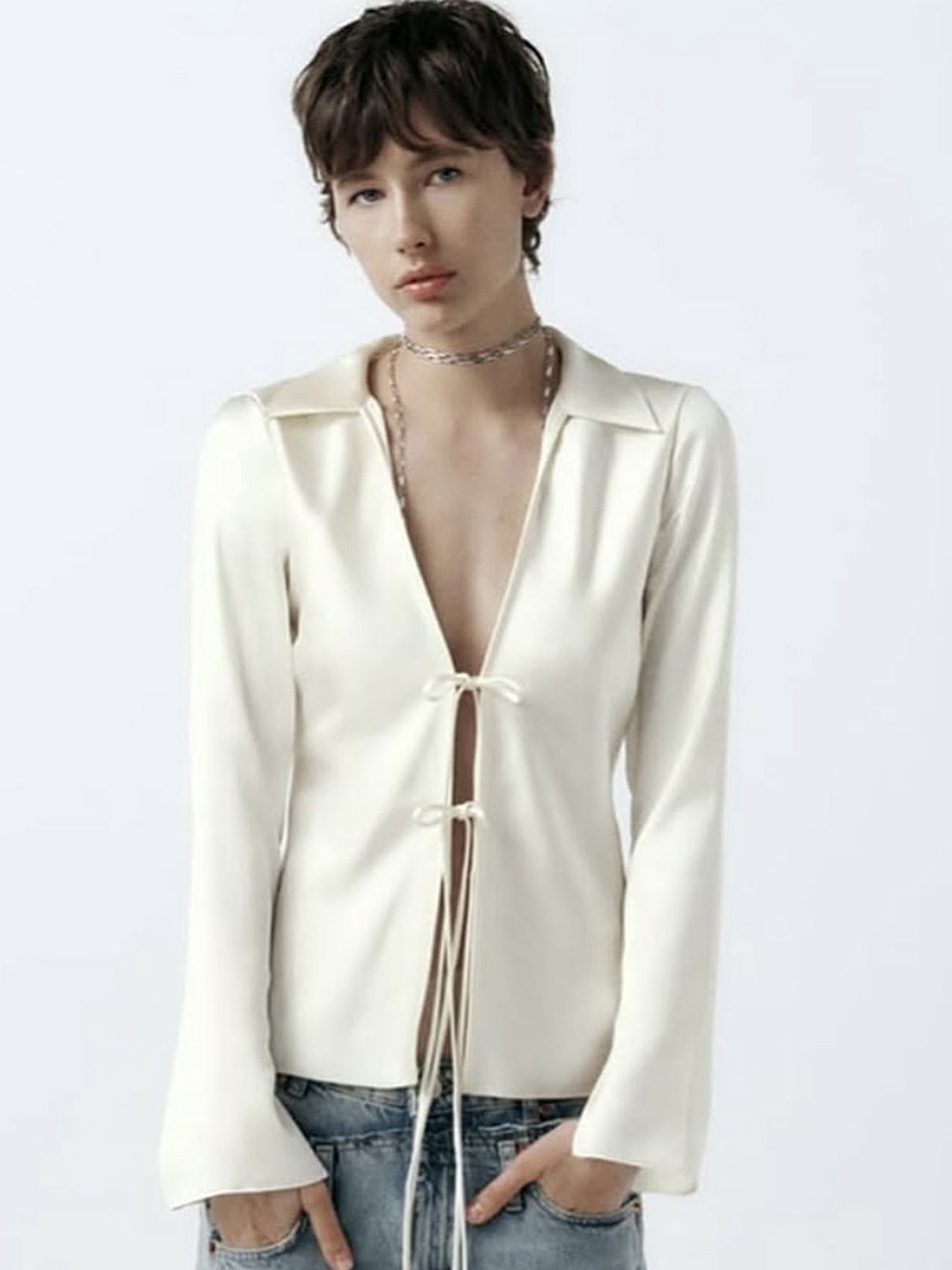 

LULU & SKY Bell Sleeve Shirt Style Top, White