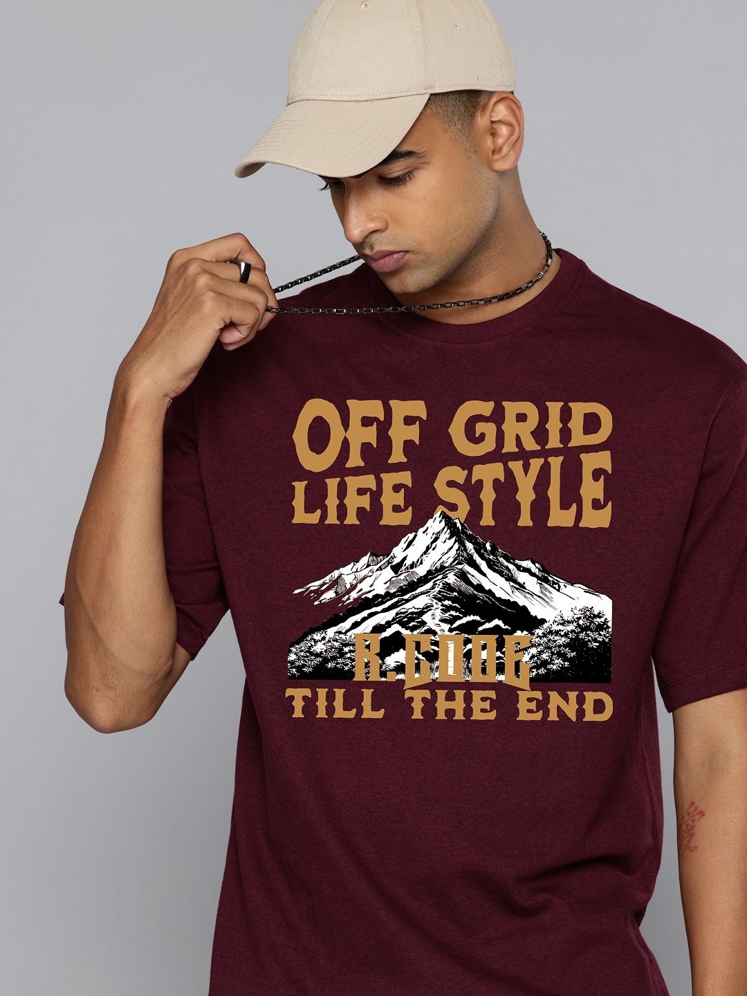 

R.Code by The Roadster Life Co. Men Printed Applique T-shirt, Burgundy
