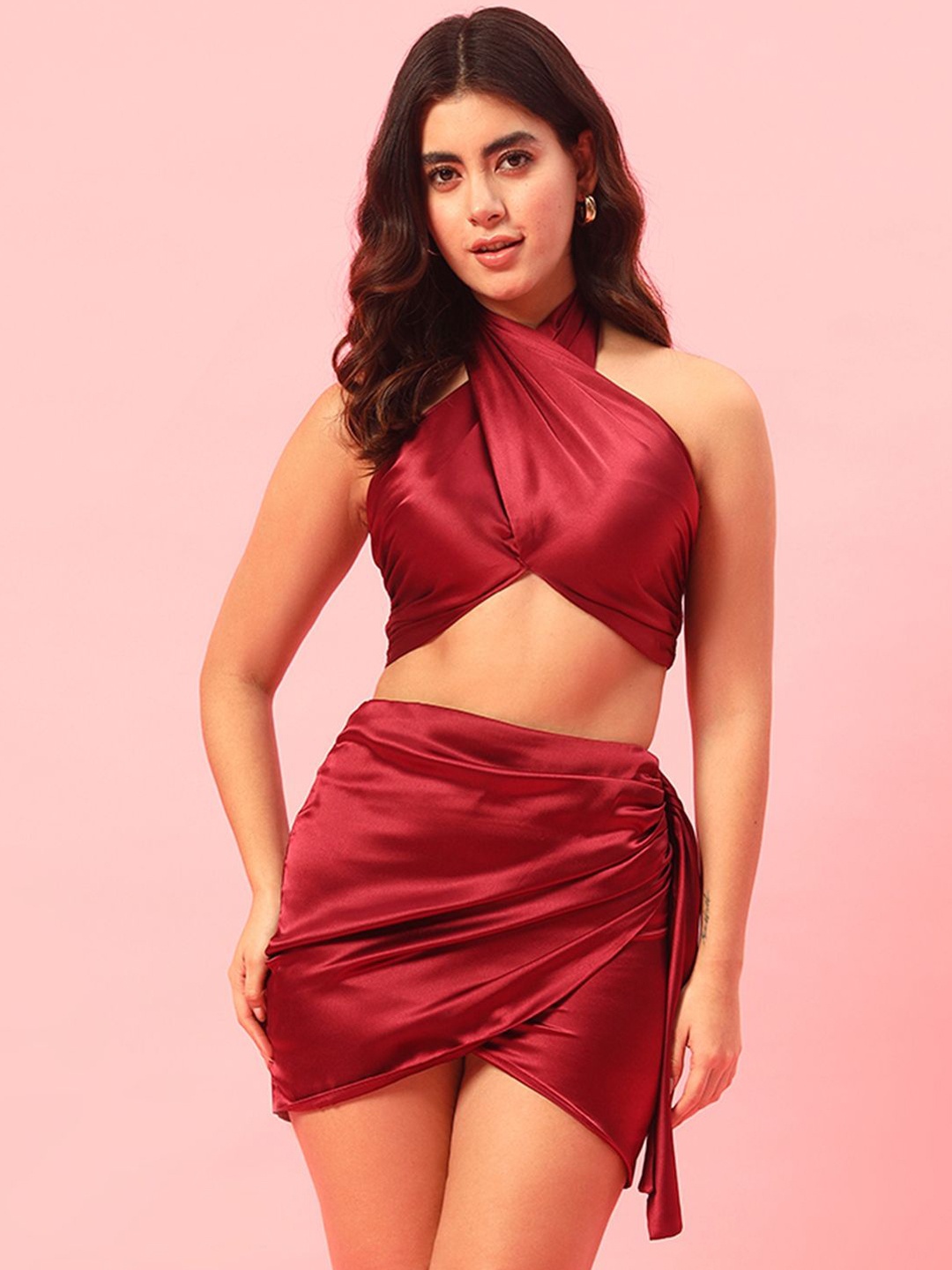 

BAESD Halter Neck Top With Skirt Co-Ords, Maroon