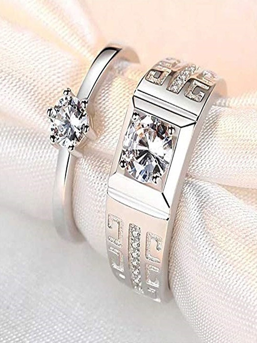 

DIVASTRI Silver-Plated American Diamond-Studded Couple Rings