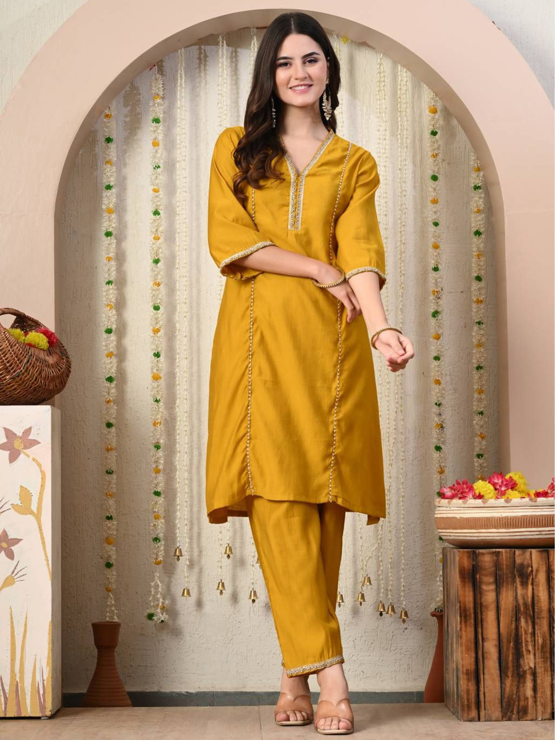 

Myshka Women Regular Gotta Patti Kurta with Trousers, Mustard