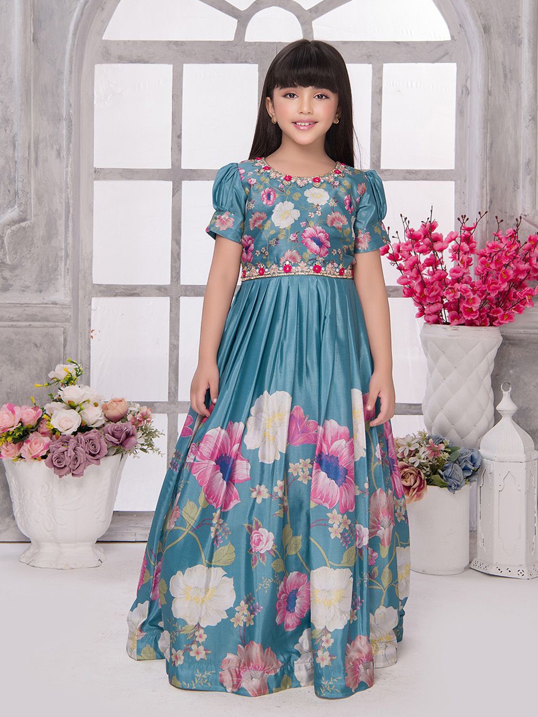 

Tiny Kingdom Floral Print Puff Sleeve Satin Maxi Dress, Blue