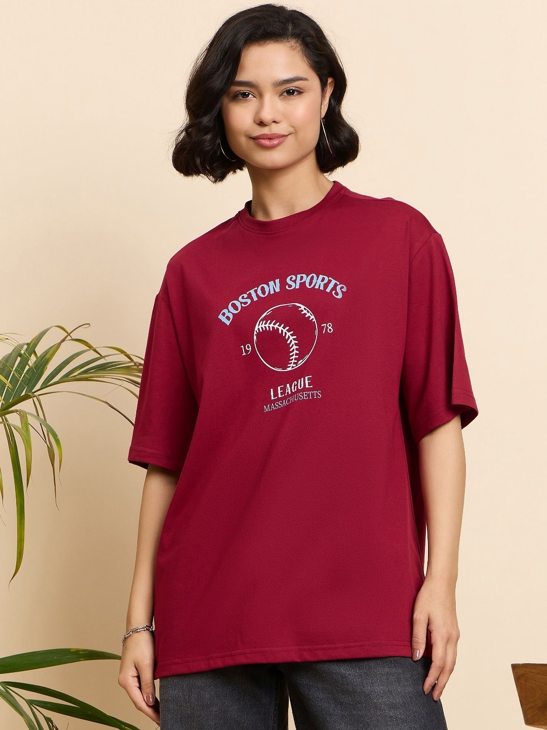 

Mast & Harbour Women Printed Drop-Shoulder Sleeves T-shirt, Red