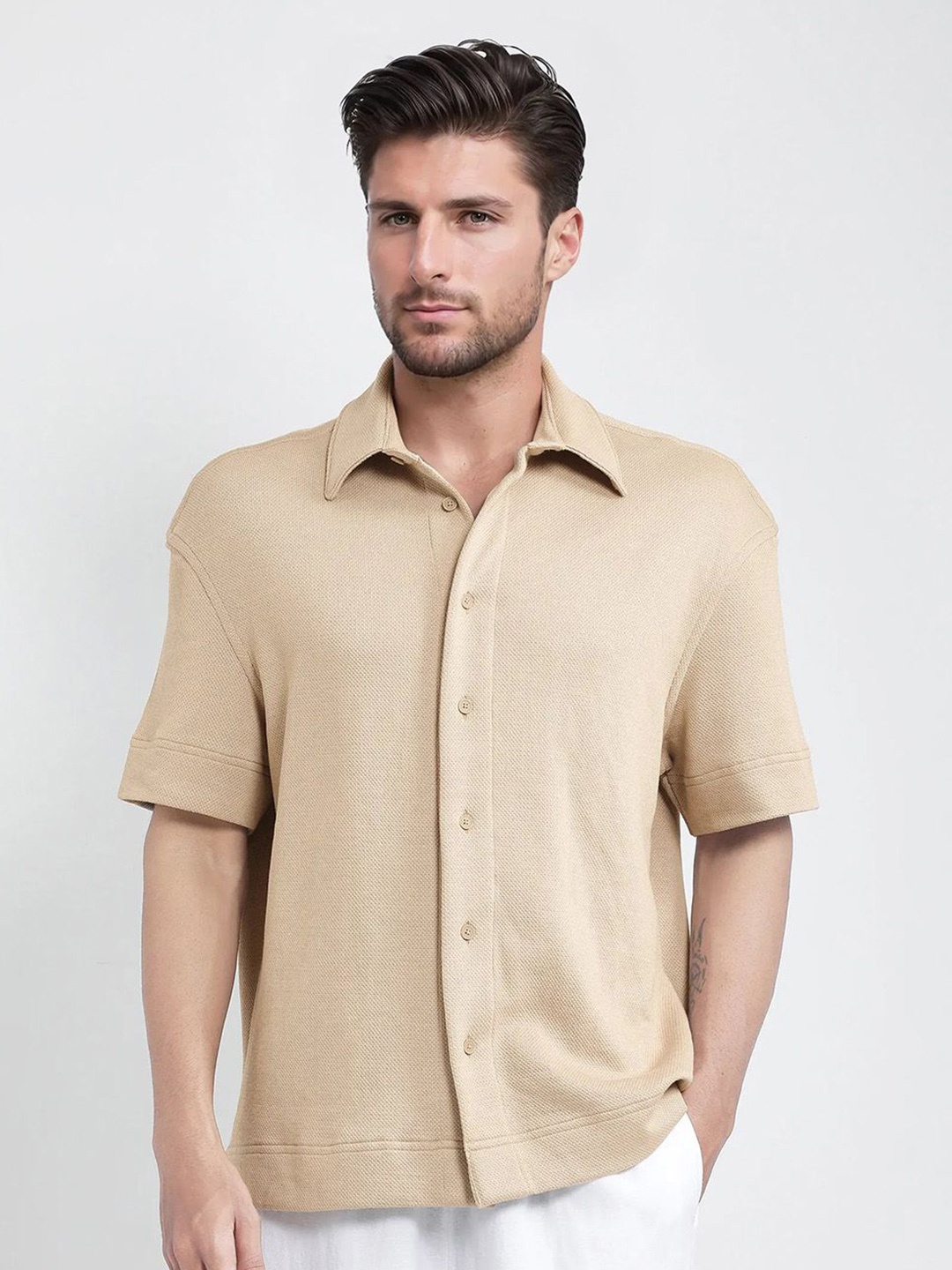 

RARE RABBIT Men Comfort Boxy Opaque Casual Shirt, Beige