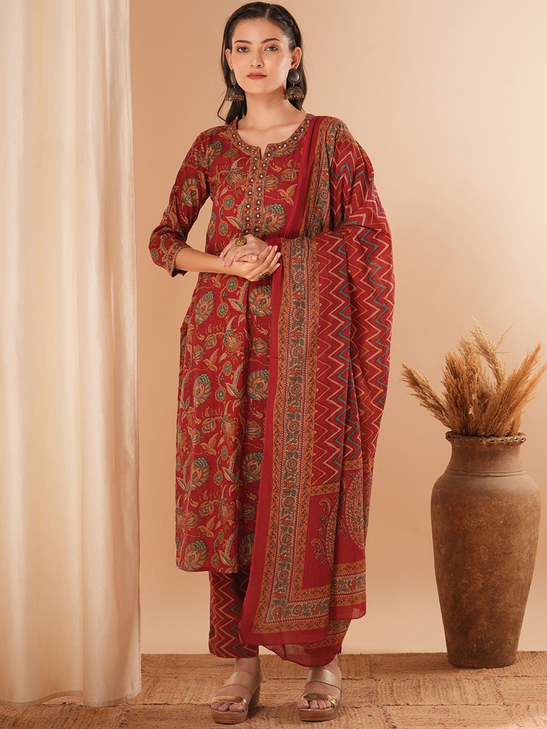 

FASHOR Women Ethnic Motifs Printed Regular Mirror Work Pure Cotton Kurta with Trousers & With Dupatta, Maroon