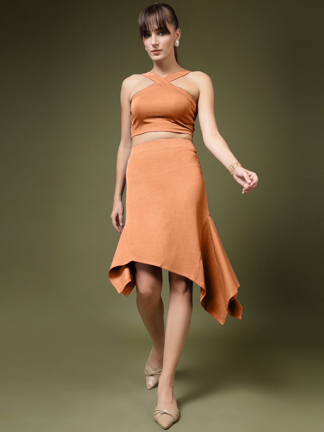 

DressBerry High Neck Top With Skirt Co-Ords, Orange