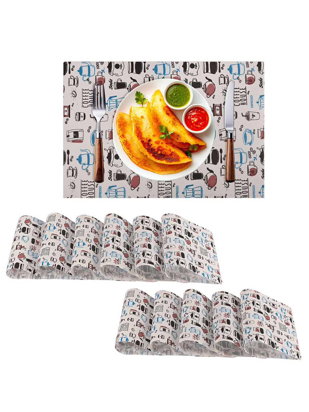 

Kuber Industries 12-Pc White & Blue Coffee House Printed Anti-Slip Dining Table Placemats