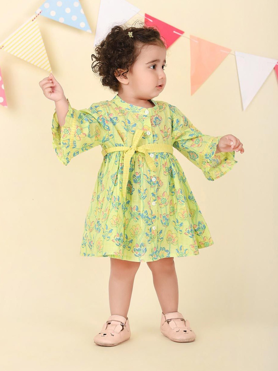 

Fabindia Floral Print Flutter Sleeve Fit & Flare Dress, Green
