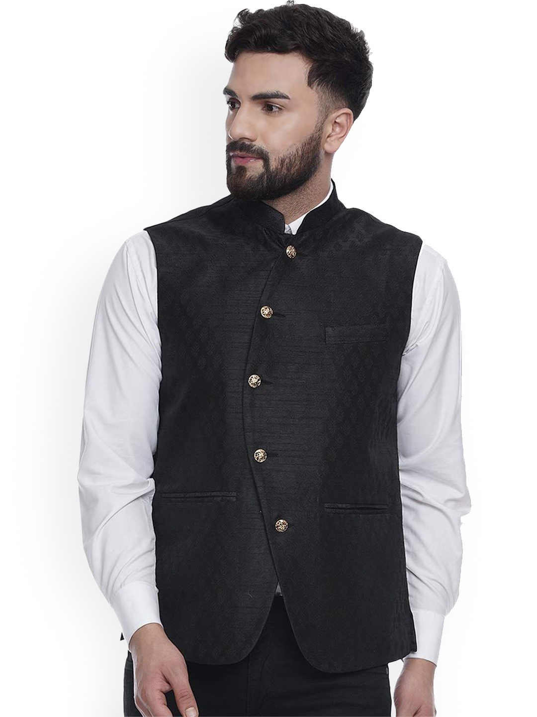 

VEERA PARIDHAAN Jacquard Mandarin Collar Nehru Jackets, Black