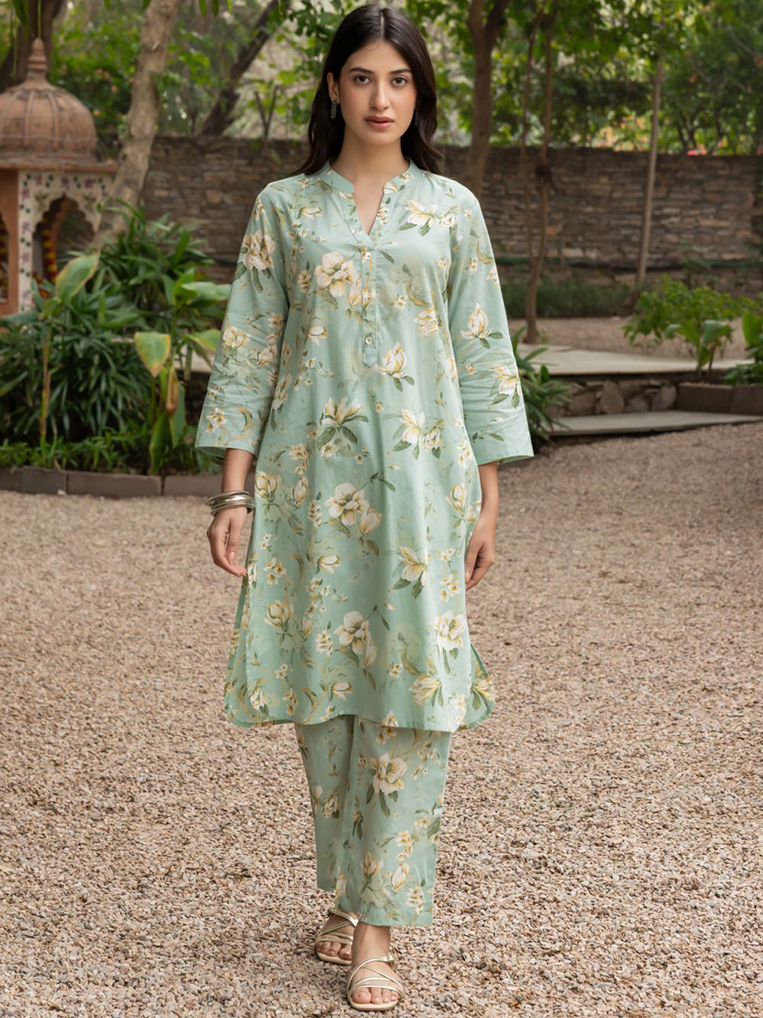 

FIORRA Printed Pure Cotton Kurta With Trousers Co-Ords, Green