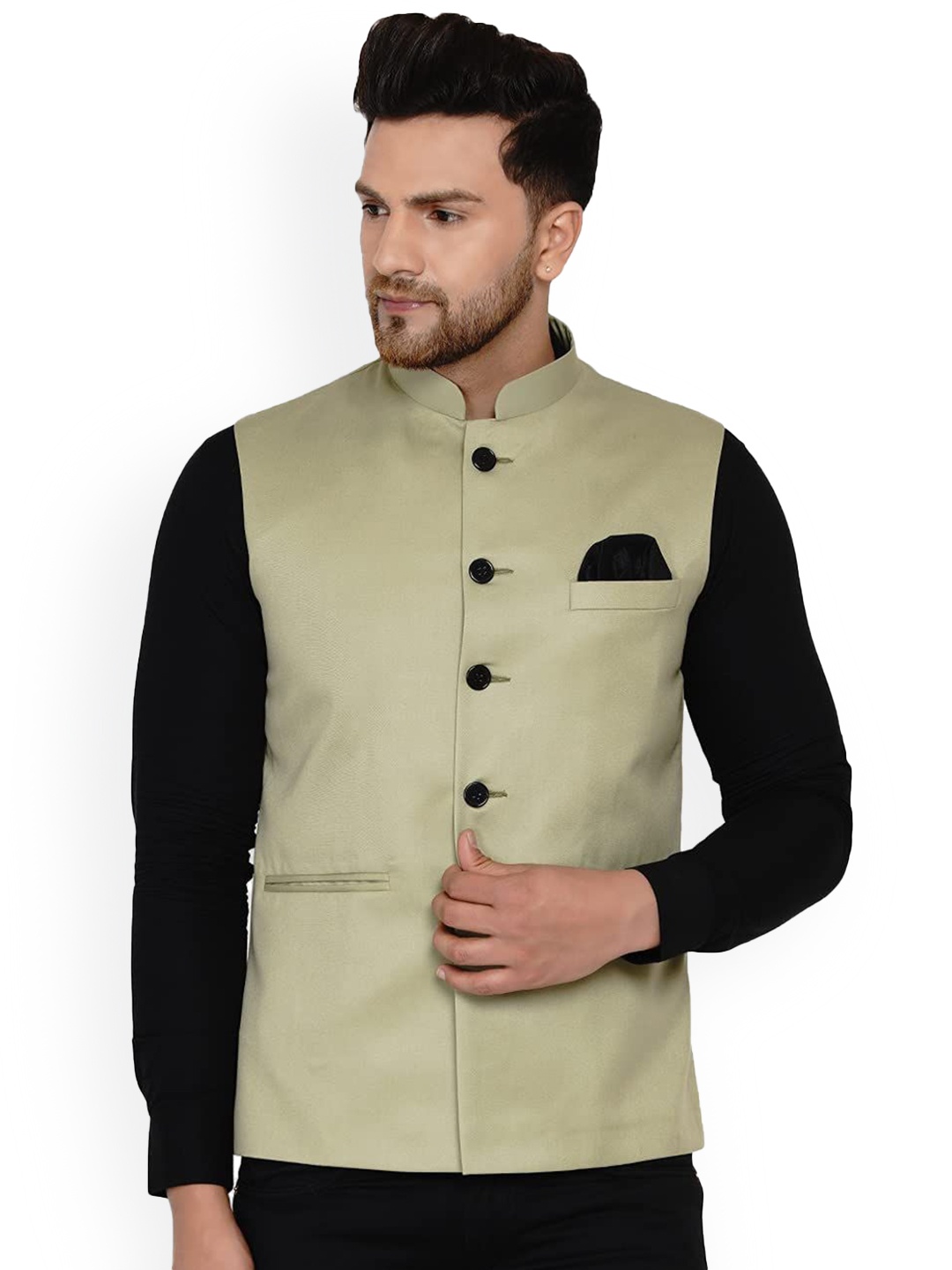 

VEERA PARIDHAAN Mandarin Collar Nehru Jacket, Green